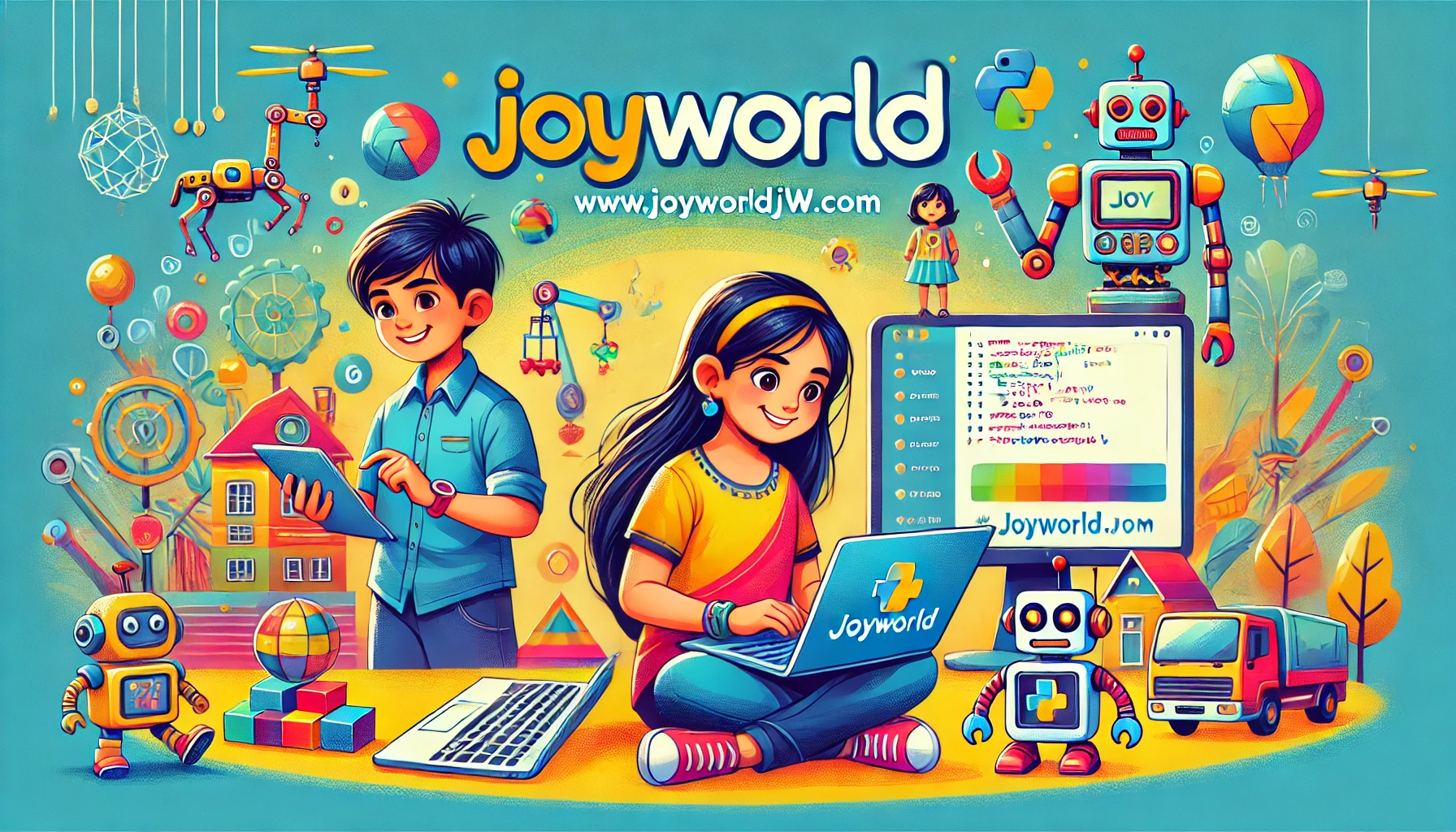 DALL·E 2025-01-01 17.55.14 - A vibrant and colorful illustration of an e-learning platform scene for Joyworld, emphasizing the primary color #FFC252 (yellow)